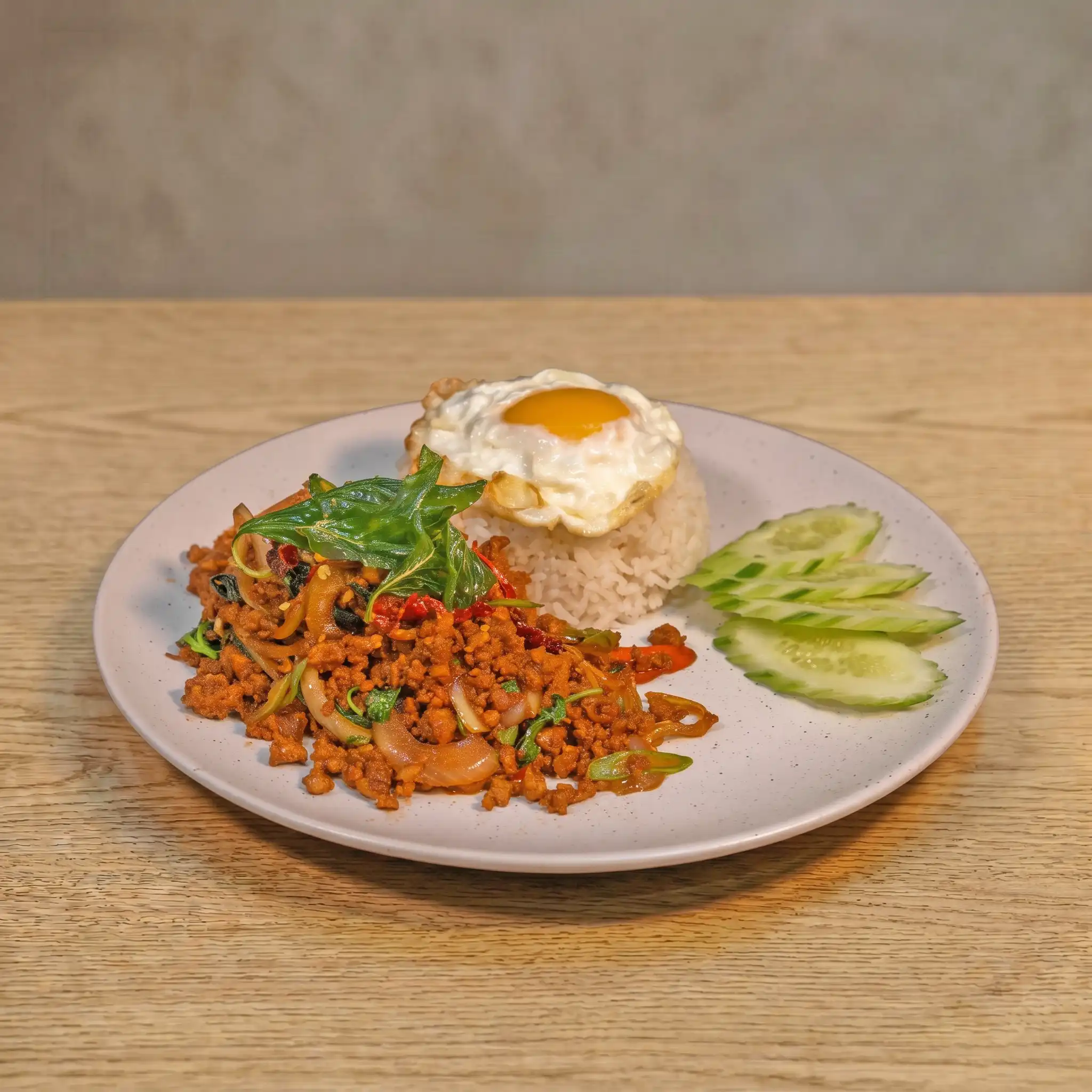 Chili Basil Minced Beef with Egg and Rice